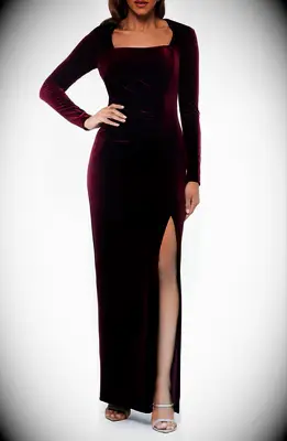 Burgundy square neck long sleeve velvet wedding guest gown for fall wedding from Nordstrom