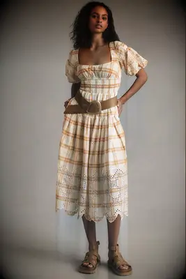 By Anthropologie puff sleeve gingham Western wedding guest dress