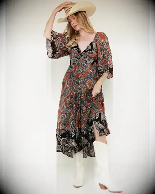 Angie paisley Western wedding guest dress