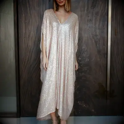 Jennafer Grace rose gold sequin caftan mother of the bride boho dress