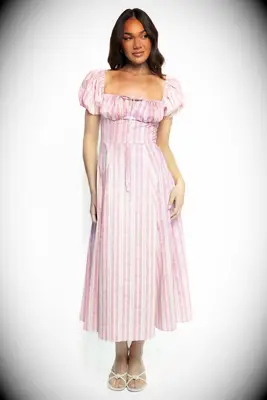 Petal & Pup striped puff sleeve vineyard wedding guest dress