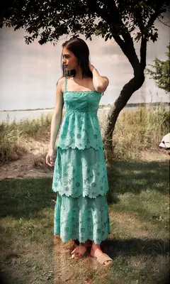 Saylor green sunflower embroidered vineyard wedding guest dress