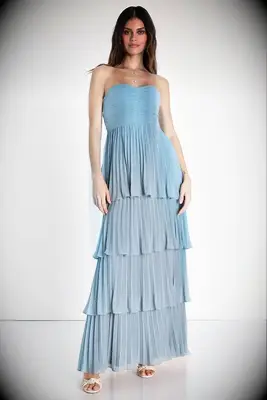 Blue strapless dress with layered skirt