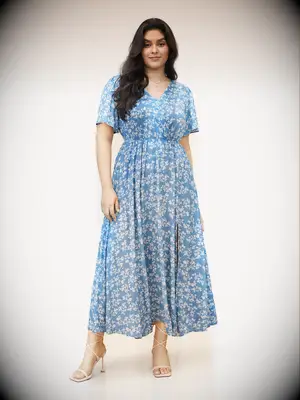 Long and flowy blue and white floral dress