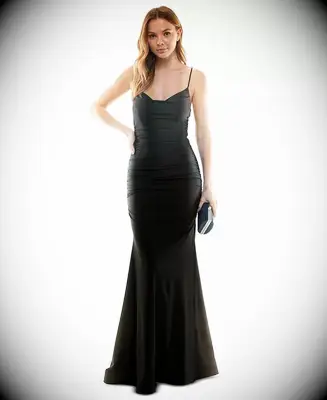 floor length mermaid dress with ruching and spaghetti straps