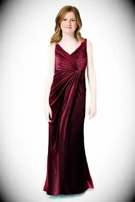 velvet floor length dress with wrap bodice