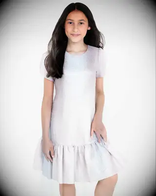 metallic mini dress with ruffle hem and short sleeves