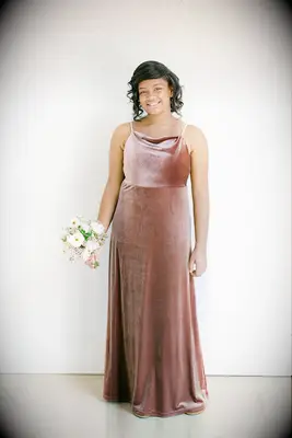 floor length velvet dress with spaghetti straps