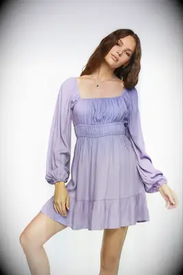 mini dress with long blouson sleeves and square neckline