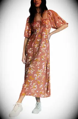 midi floor dress with short blouson sleeves