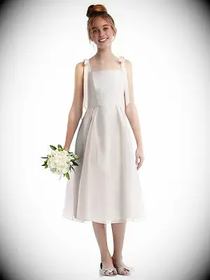 pleated tea length dress with tie straps