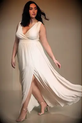 floor length dress with wrap bodice and front slit