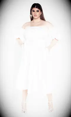 Ivory off the shoulder puff sleeve tea length engagement dress from City Chic