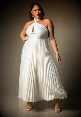 White plus size pleated engagement dress from Eloquii