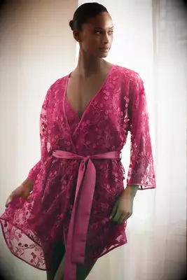 Pink floral embroidered bridesmaid robe from Anthropologie