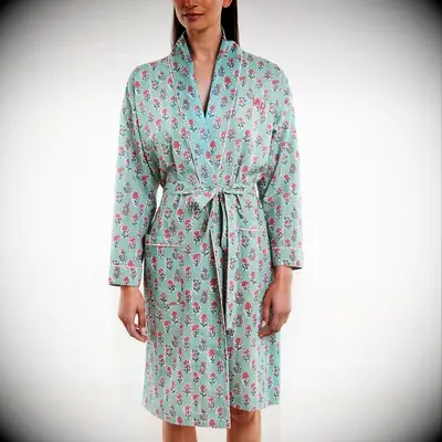 Turquoise floral block print initial bridesmaid robe from Mark & Graham