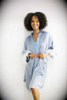 Dusty blue bridesmaid robe with feather trim from Etsy