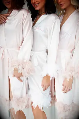 Pink feather trim satin bridesmaid robe with customization from Etsy