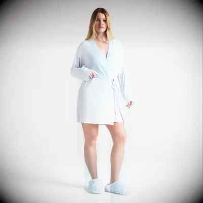 Light blue jersey plus size bridesmaid robe from SKIMS