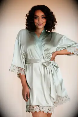 Sage green satin bridesmaid robe from Birdy Grey
