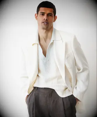 Double-breasted white sport coat by Todd Snyder. 
