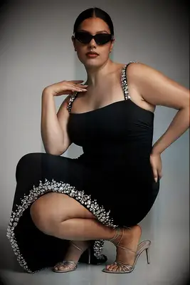 Mac Duggal Plus Lace-Up Asymmetrical Side-Slit Embellished-Hem Dress