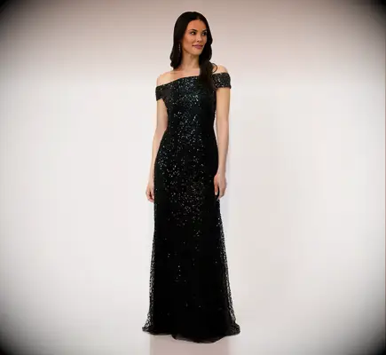 Adrianna Papell Off the Shoulder Sequin Beaded Gown