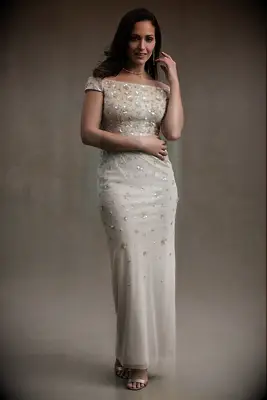 BHLDN Rosie Off-Shoulder Beaded Back-Slit Column Gown