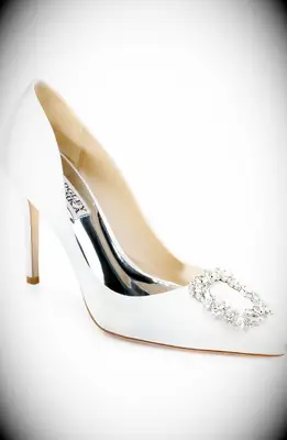Badgley Mischka classic white bridal pumps with crystal embellishment