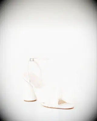 Off-white pleated ankle-strap block bridal heels with bow