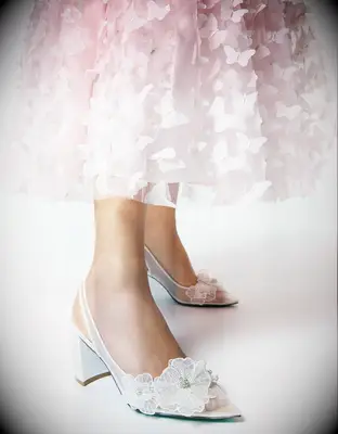 Floral block heel slingback wedding shoes