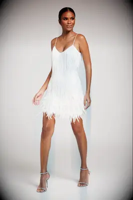 Nadine Merabi white fringe mini Vegas wedding dress