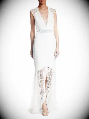 Plunging neckline with lace bottom, belt and cap sleeves 