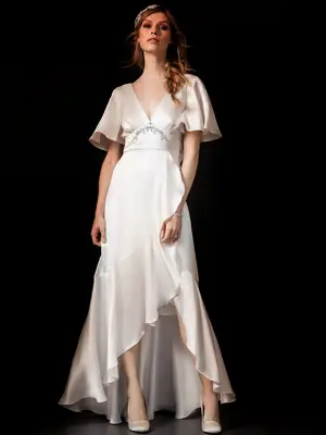 Satin ruffle dress with embellishment detail and open back