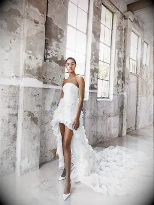 Strapless top with handmade flowers on cascading skirt