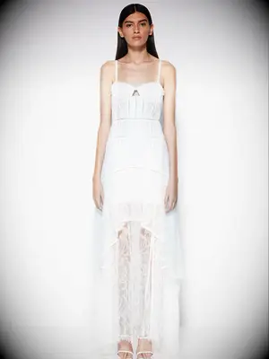 See through lace skirt with structured bodice and spaghetti straps