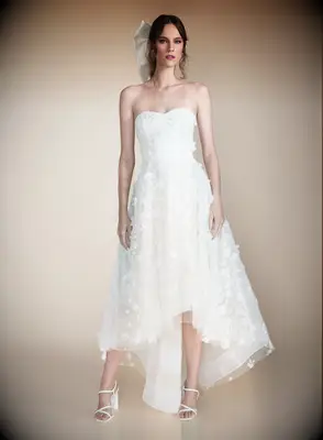 strapless high-low wedding gown with floral appliques