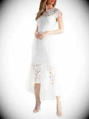 Mermaid lace dress with subtle high-low and cap sleeves