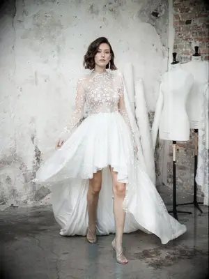 Embroidered sheer bodice with long sleeves and dramatic high-low skirt