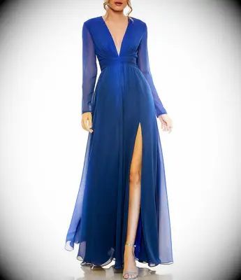 Mac Duggal blue V-neck long sleeve bridesmaid dress