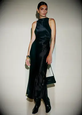 Reformation black silk maxi wedding guest dress