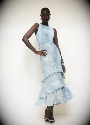 Reformation floral blue maxi wedding guest dress