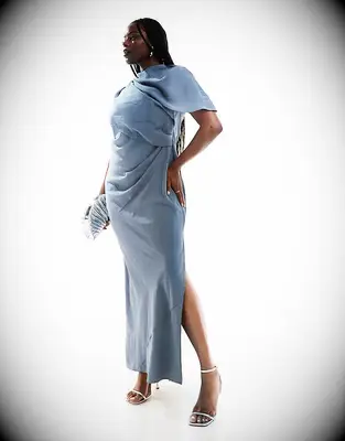 ASOS Design Curve blue draped maxi wedding guest dress