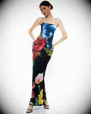 Alice and Olivia floral maxi wedding guest dress