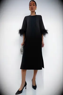 Tuckernuck black feather maxi wedding guest dress