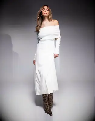 Off the shoulder long white dress with long sleeves