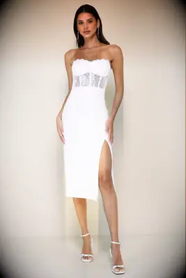 Midi strapless dress with leg slit and lace corset bodice