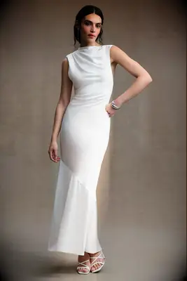 Long white dress with high neckline