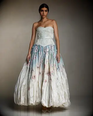 Model poses in wedding gown