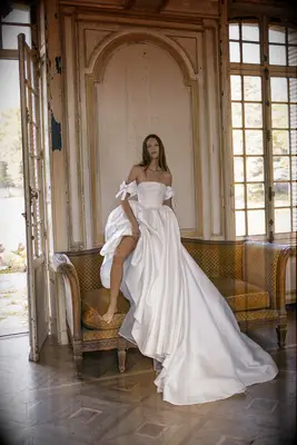 Model poses in wedding dress